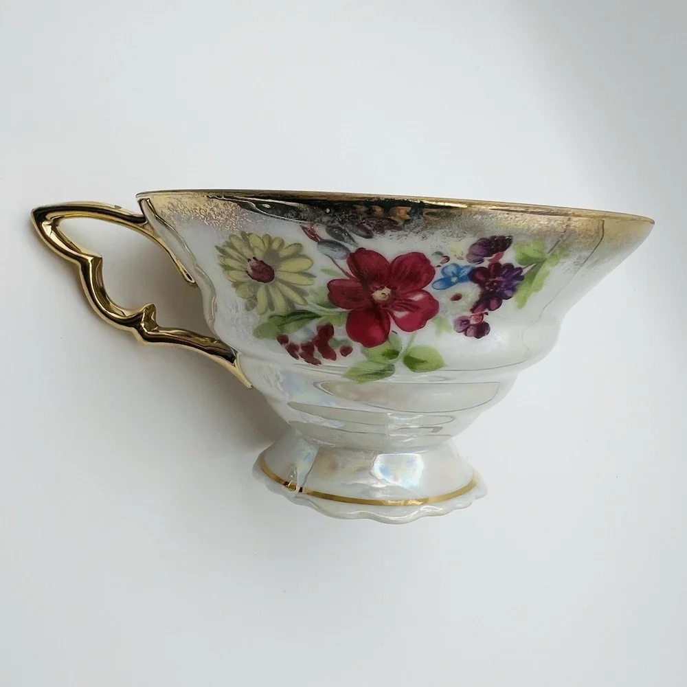 Trimont Ware Japan Pedestal Teacup Saucer Floral Gold Gilt Luster Vintage Tea Se